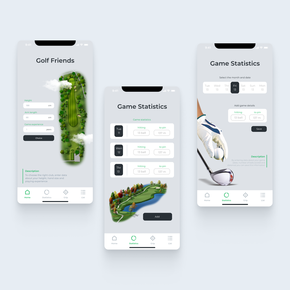 Інтерфейс трекера гольф-статистики GolfMate з аналітикою по раундах