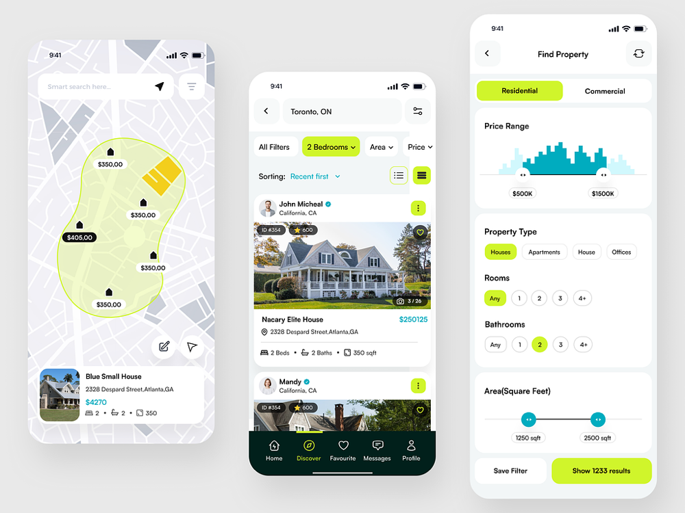 Інтерфейс мобільного застосунку PropFinder для пошуку нерухомості