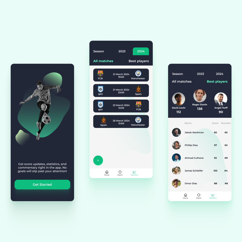 Інтерфейс застосунку MatchTrack зі спортивною статистикою та розкладом матчів